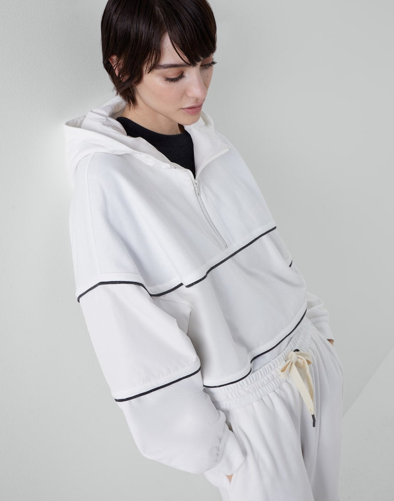 BRUNELLO CUCINELLI WOMEN'S OFF WHITE COTTON HALF ZIP HOODED SWEATER