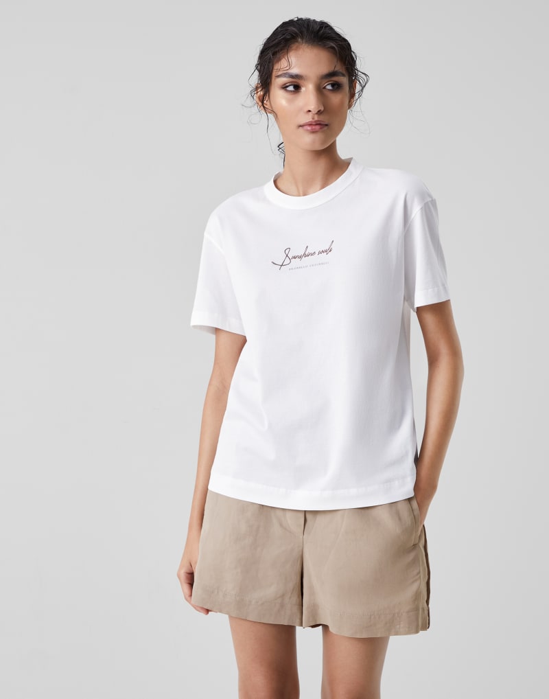 BRUNELLO CUCINELLI WOMEN'S WHITE COTTON SHORT SLEEVE LOGO SHIRT