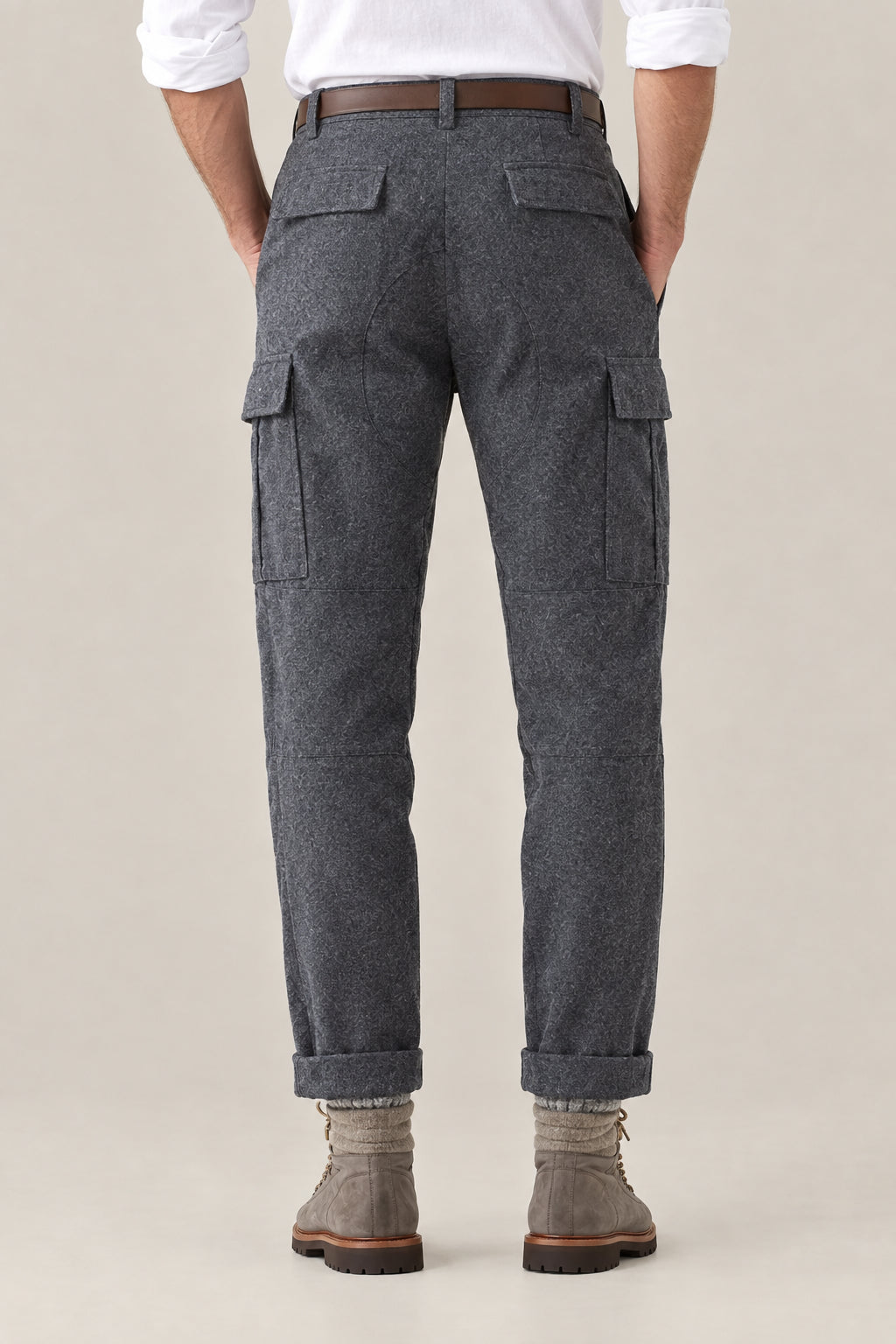 BRUNELLO CUCINELLI MEN'S DARK GREY WOOL CARGO PANTS