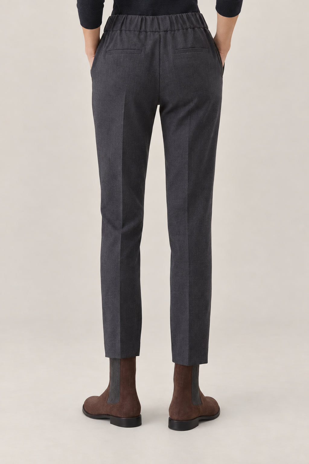 BRUNELLO CUCINELLI WOMEN'S DARK GREY WOOL BLEND STRAIGHT TROUSERS