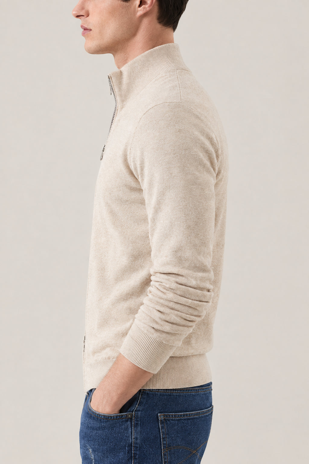 BRUNELLO CUCINELLI MEN'S SAND WOOL ZIP FRONT SWEATER