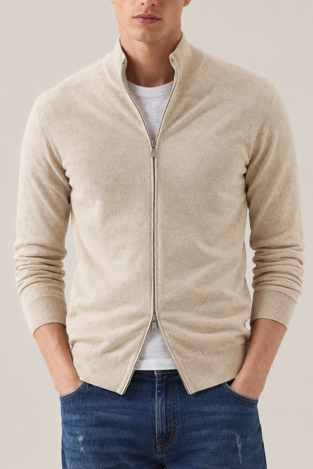 BRUNELLO CUCINELLI MEN'S SAND WOOL ZIP FRONT SWEATER