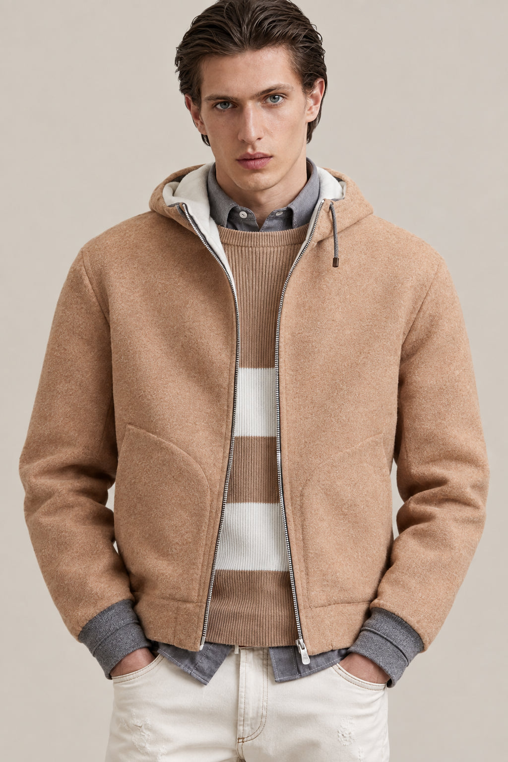BRUNELLO CUCINELLI MEN'S BROWN WOOL HOODED JACKET