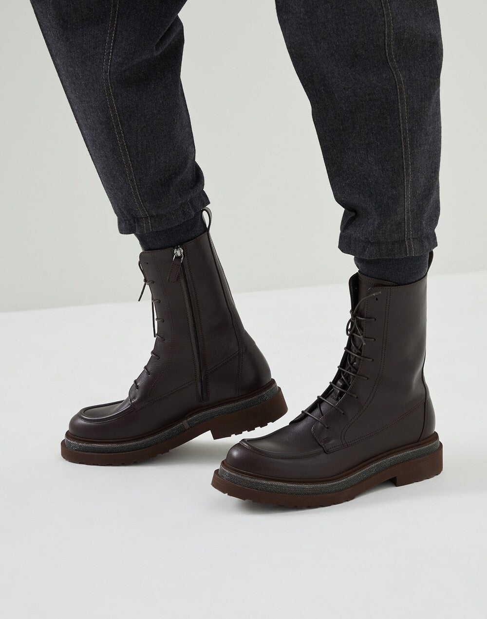 BRUNELLO CUCINELLI WOMEN'S BROWN LEATHER LACE UP BOOTS