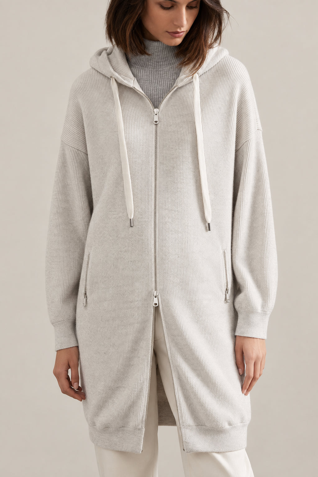 BRUNELLO CUCINELLI WOMEN'S MARBLE WOOL LONGLINE ZIP HOODIE SWEATER