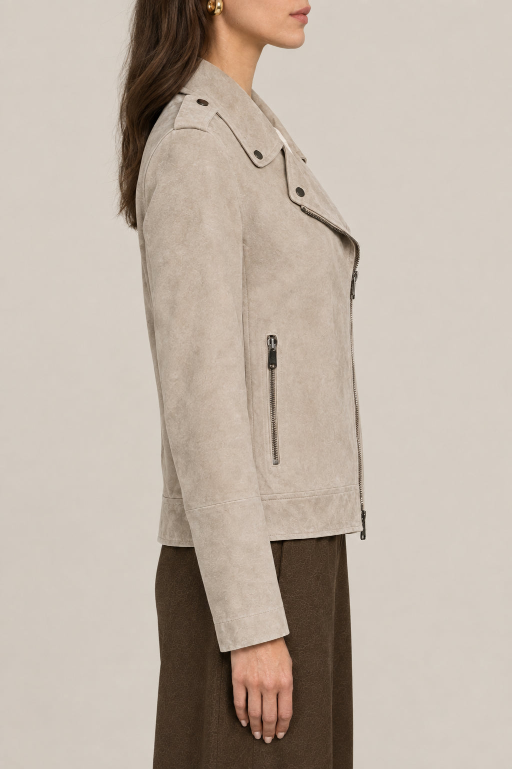 BRUNELLO CUCINELLI WOMEN'S TAUPE LEATHER BIKER JACKET