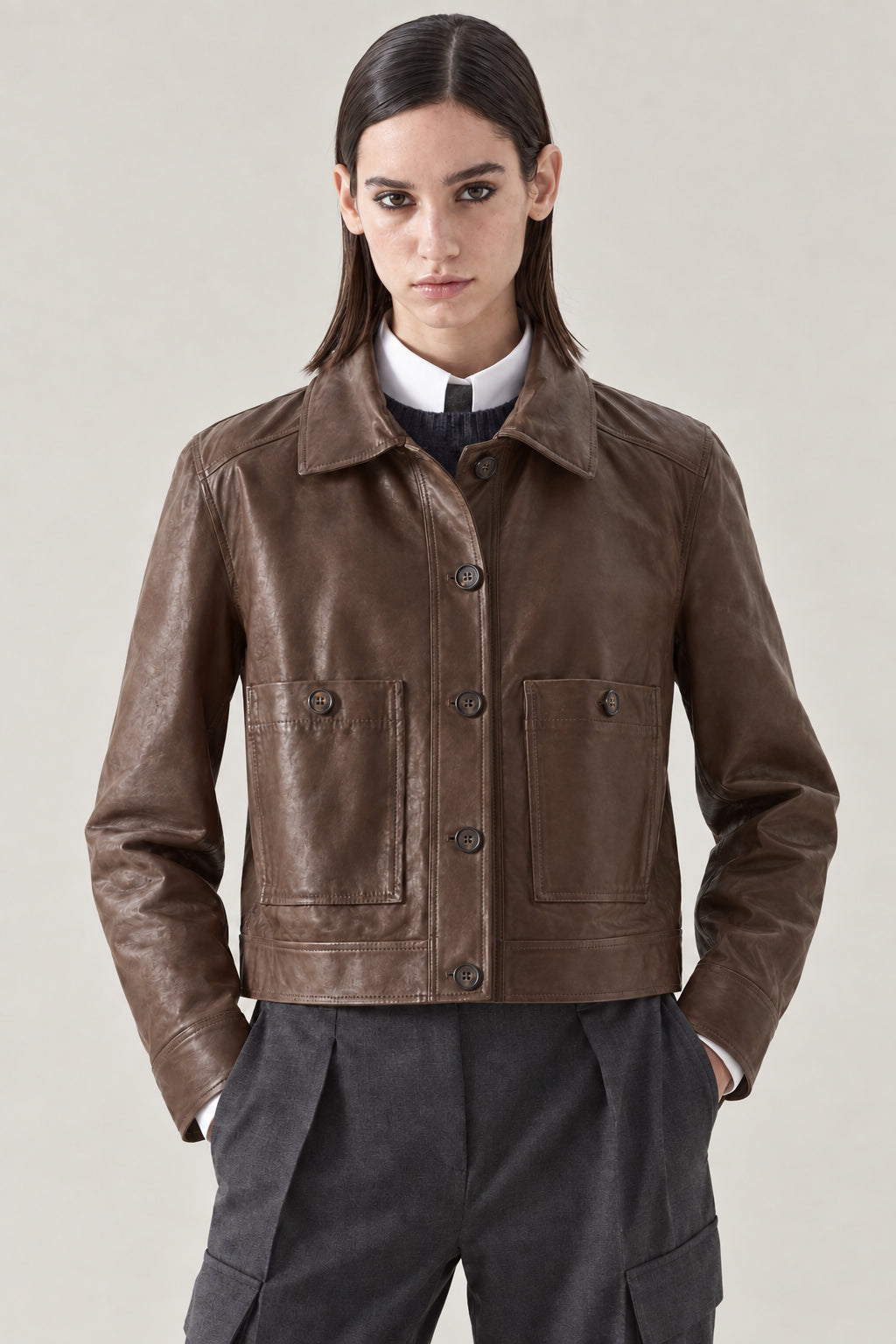 BRUNELLO CUCINELLI WOMEN'S NEW CIGAR LEATHER JACKET
