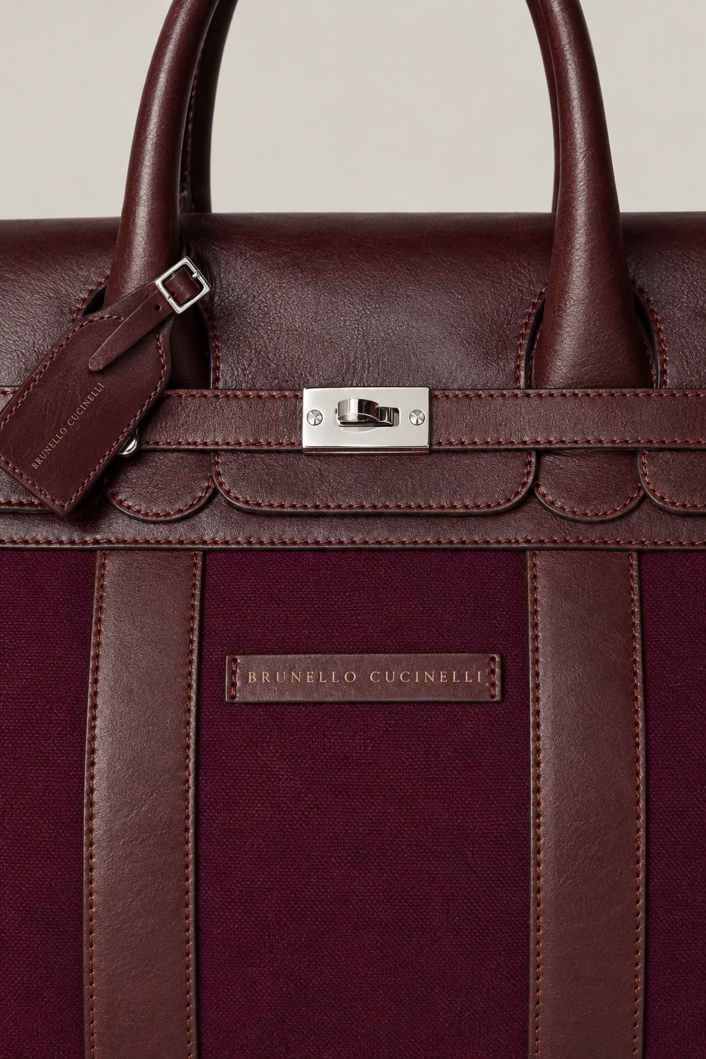 BRUNELLO CUCINELLI MEN'S BURGUNDY LEATHER CANVAS BAG