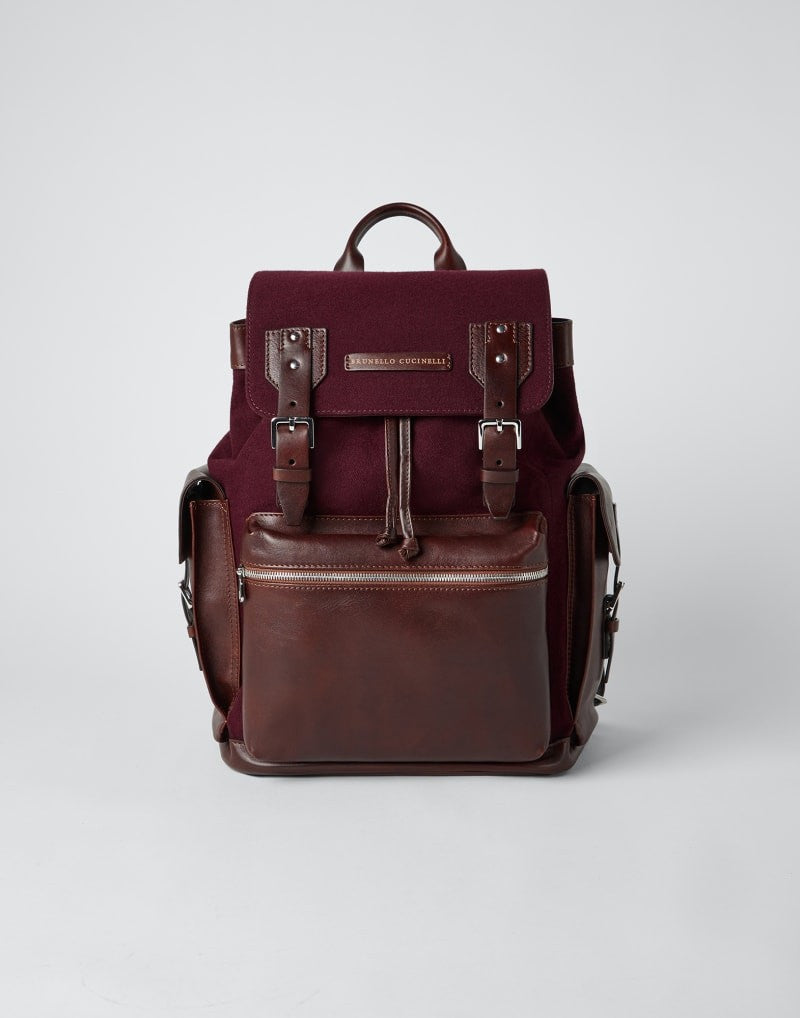 BRUNELLO CUCINELLI MEN'S BURGUNDY LEATHER CANVAS BACKPACK