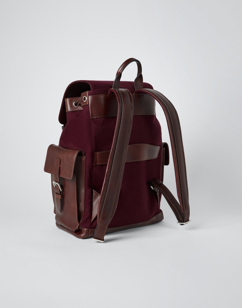 BRUNELLO CUCINELLI MEN'S BURGUNDY LEATHER CANVAS BACKPACK