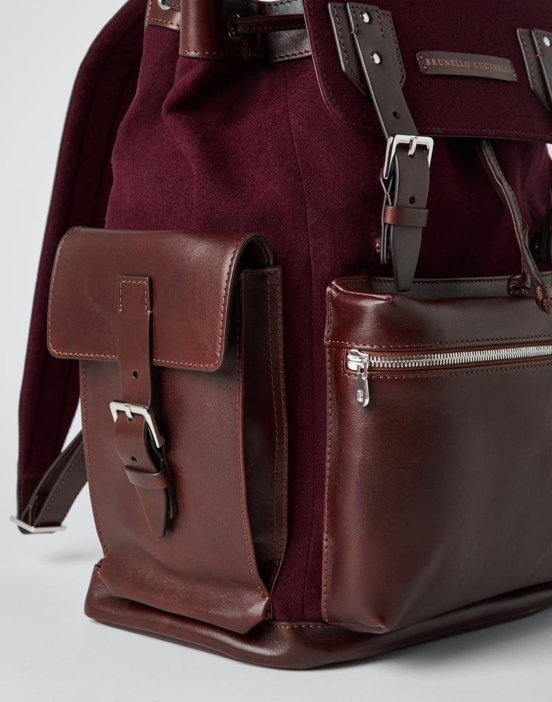 BRUNELLO CUCINELLI MEN'S BURGUNDY LEATHER CANVAS BACKPACK