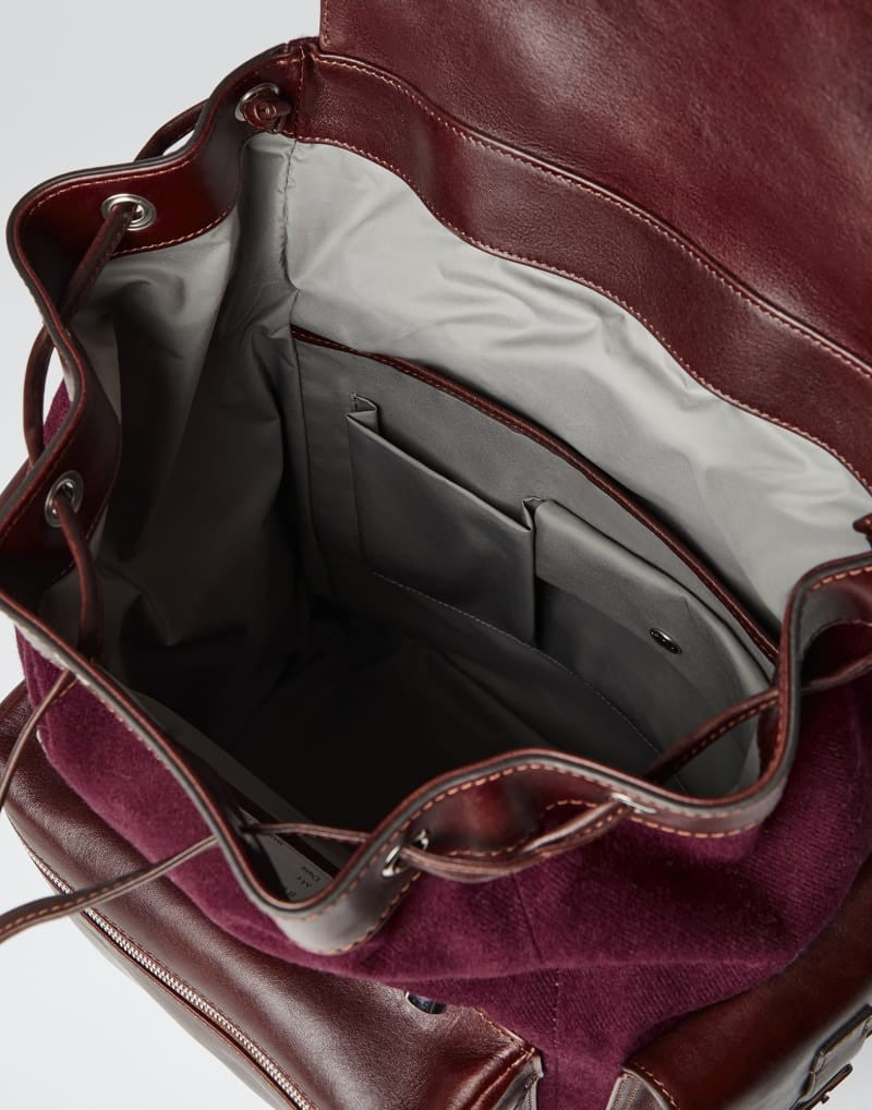 BRUNELLO CUCINELLI MEN'S BURGUNDY LEATHER CANVAS BACKPACK