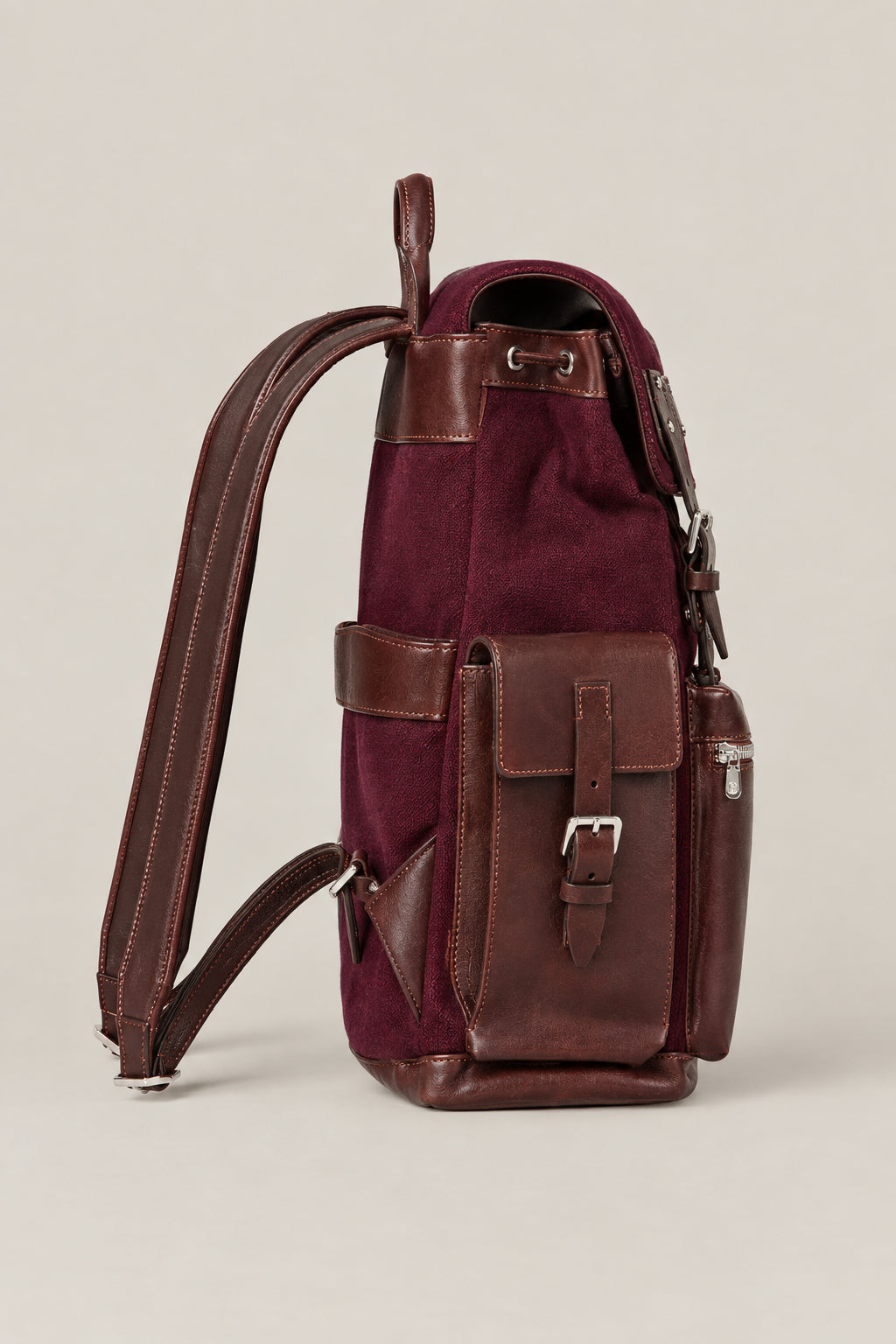 BRUNELLO CUCINELLI MEN'S BURGUNDY LEATHER CANVAS BACKPACK