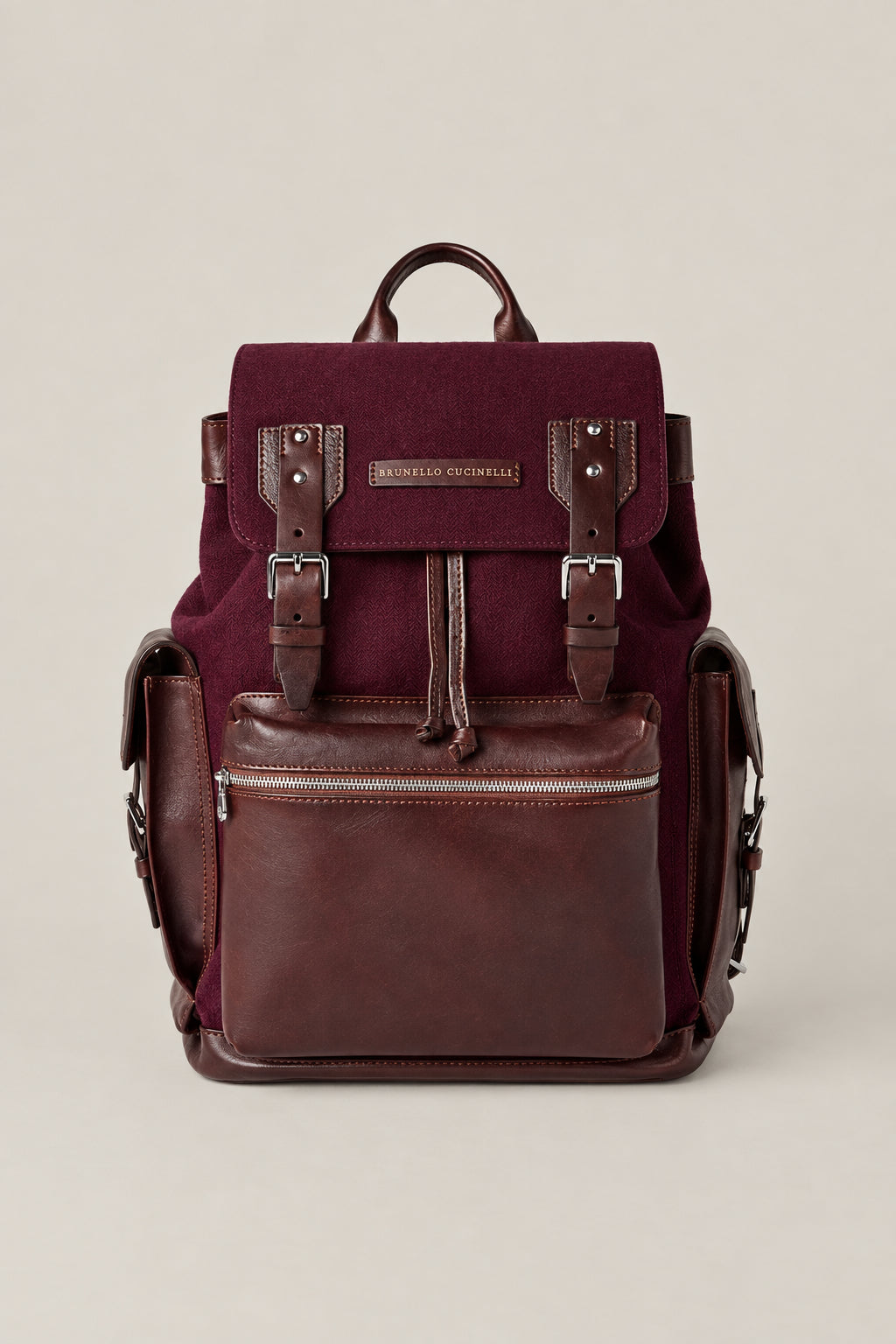 BRUNELLO CUCINELLI MEN'S BURGUNDY LEATHER CANVAS BACKPACK
