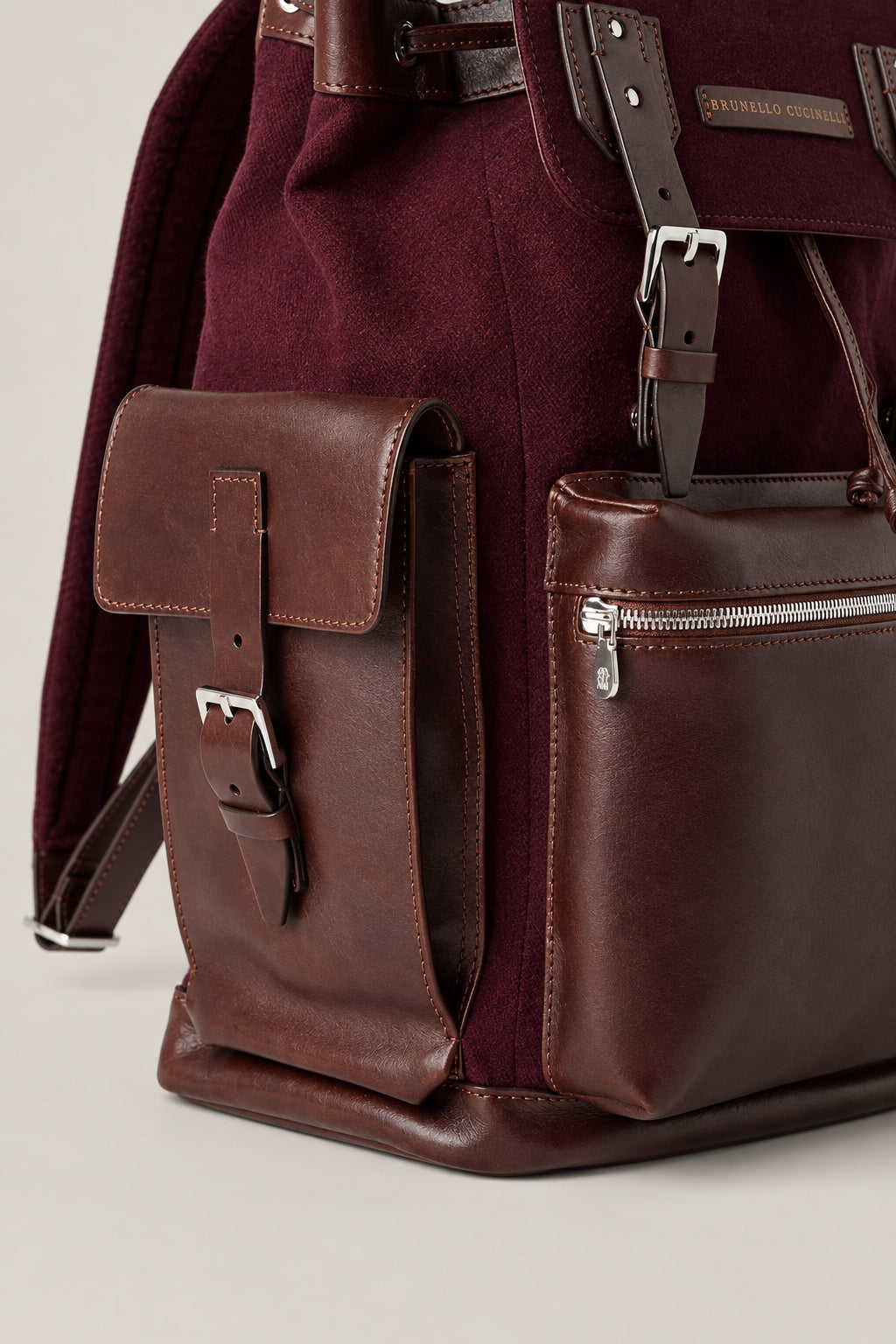 BRUNELLO CUCINELLI MEN'S BURGUNDY LEATHER CANVAS BACKPACK