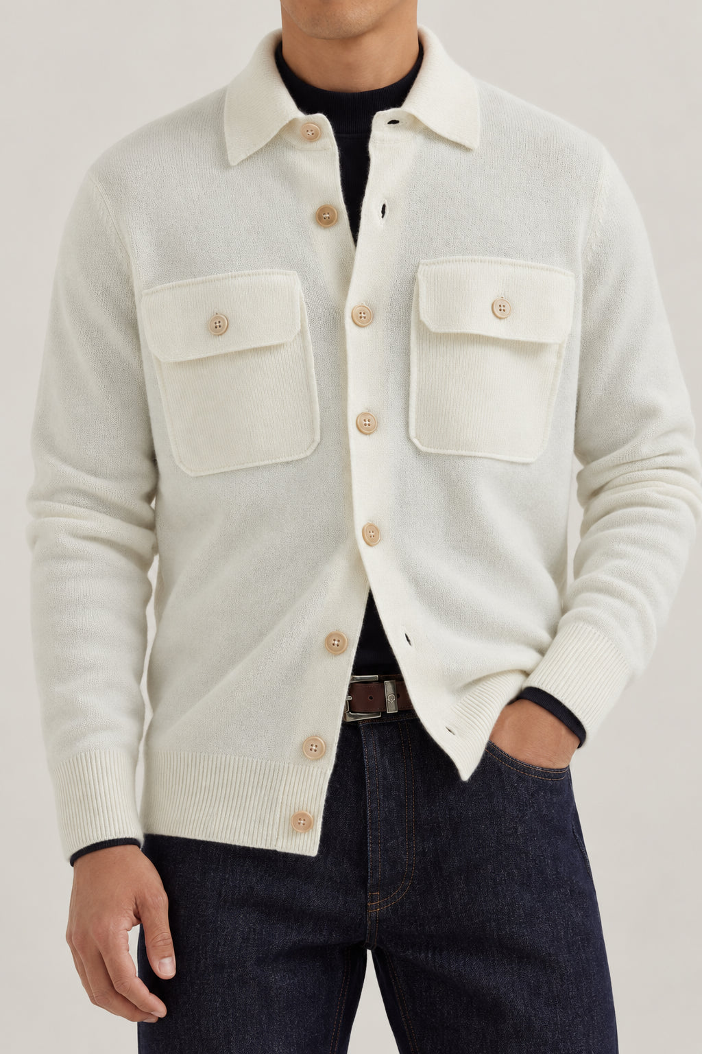 BRUNELLO CUCINELLI MEN'S WHITE WOOL KNIT SWEATER