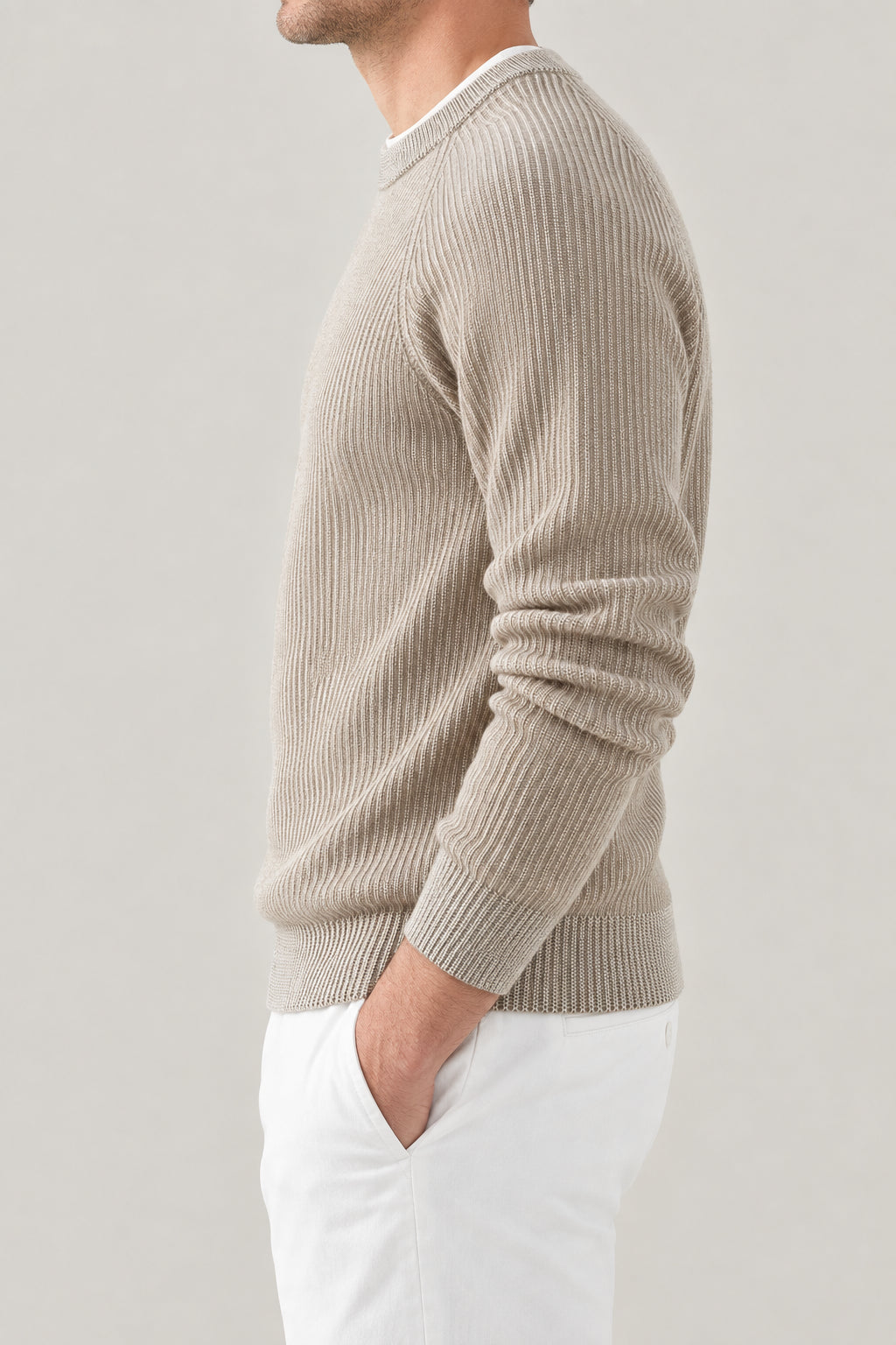 BRUNELLO CUCINELLI MEN'S BEIGE RIBBED KNIT SWEATER