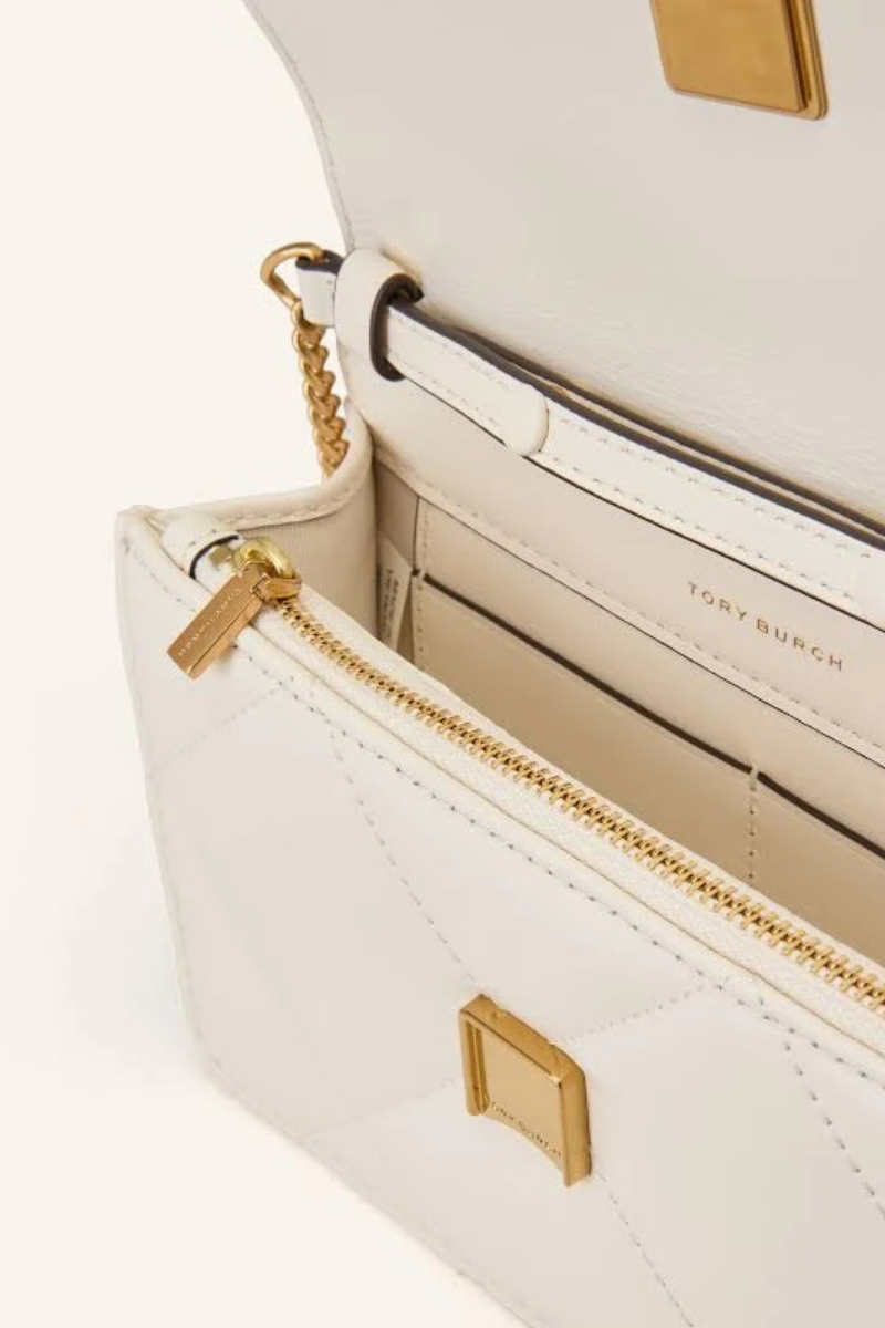 Tory Burch Kira Diamond Quilt Mini Top Handle Chain Wallet Warm White 158326-101
