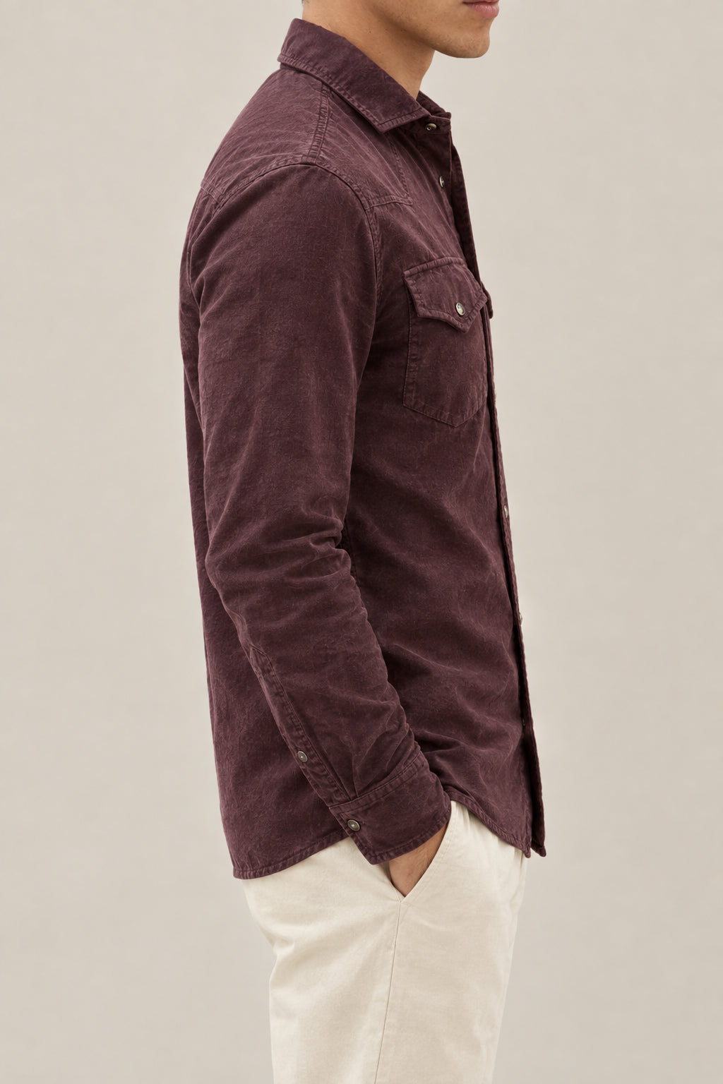 BRUNELLO CUCINELLI MEN'S PLUM COTTON WESTERN SHIRT