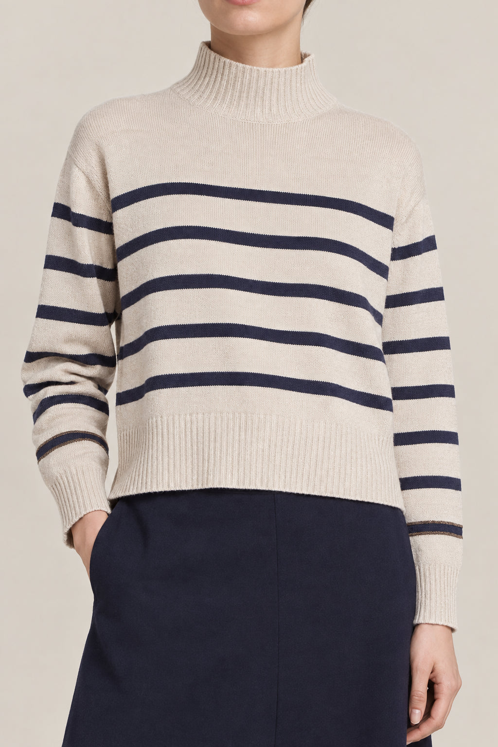 BRUNELLO CUCINELLI WOMEN'S BEIGE STRIPED WOOL SWEATER