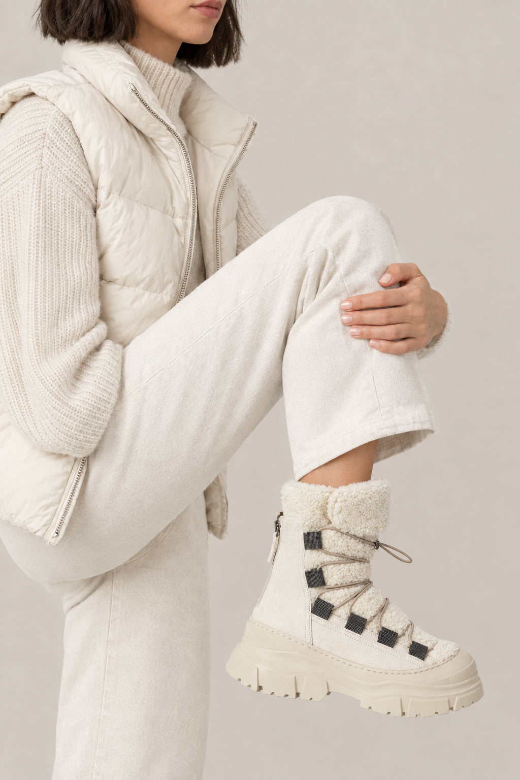 BRUNELLO CUCINELLI WOMEN'S IVORY SHEARLING LACE UP BOOTS