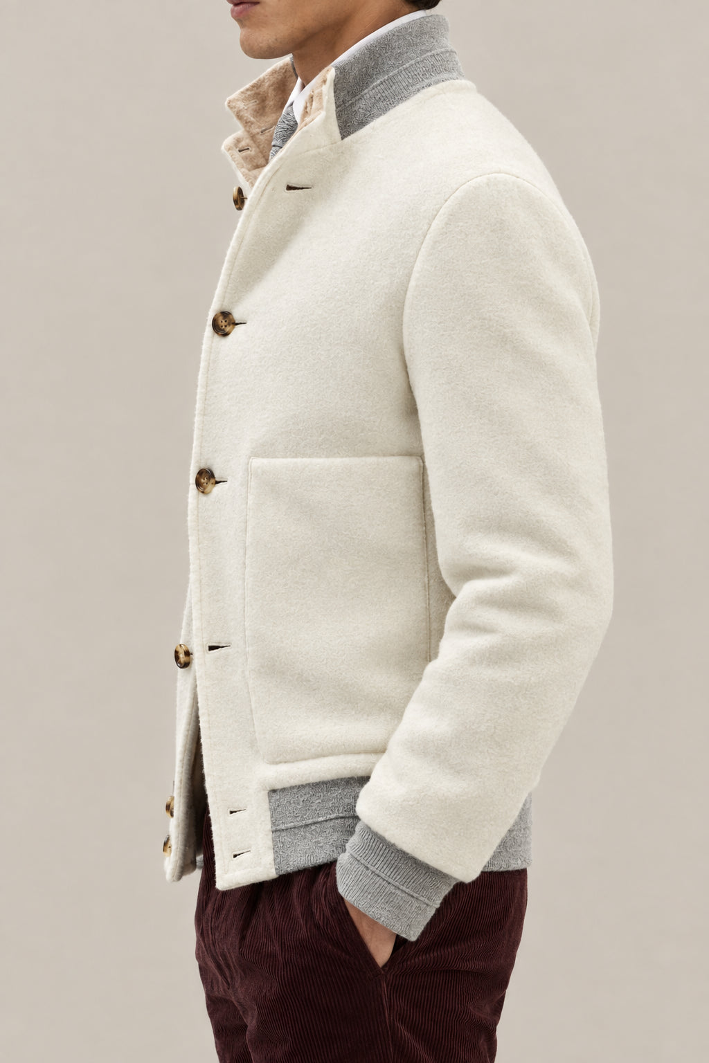 BRUNELLO CUCINELLI MEN'S WHITE WOOL BOMBER JACKET