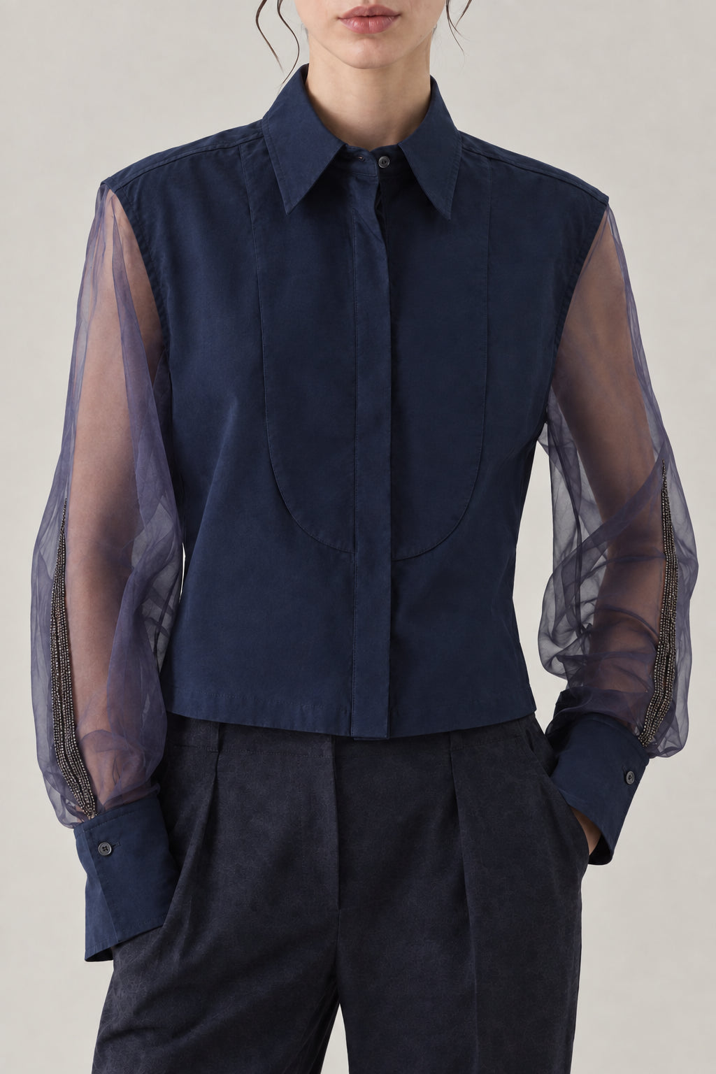 BRUNELLO CUCINELLI WOMEN'S NIGHT SHEER SLEEVE COTTON BLEND SHIRT