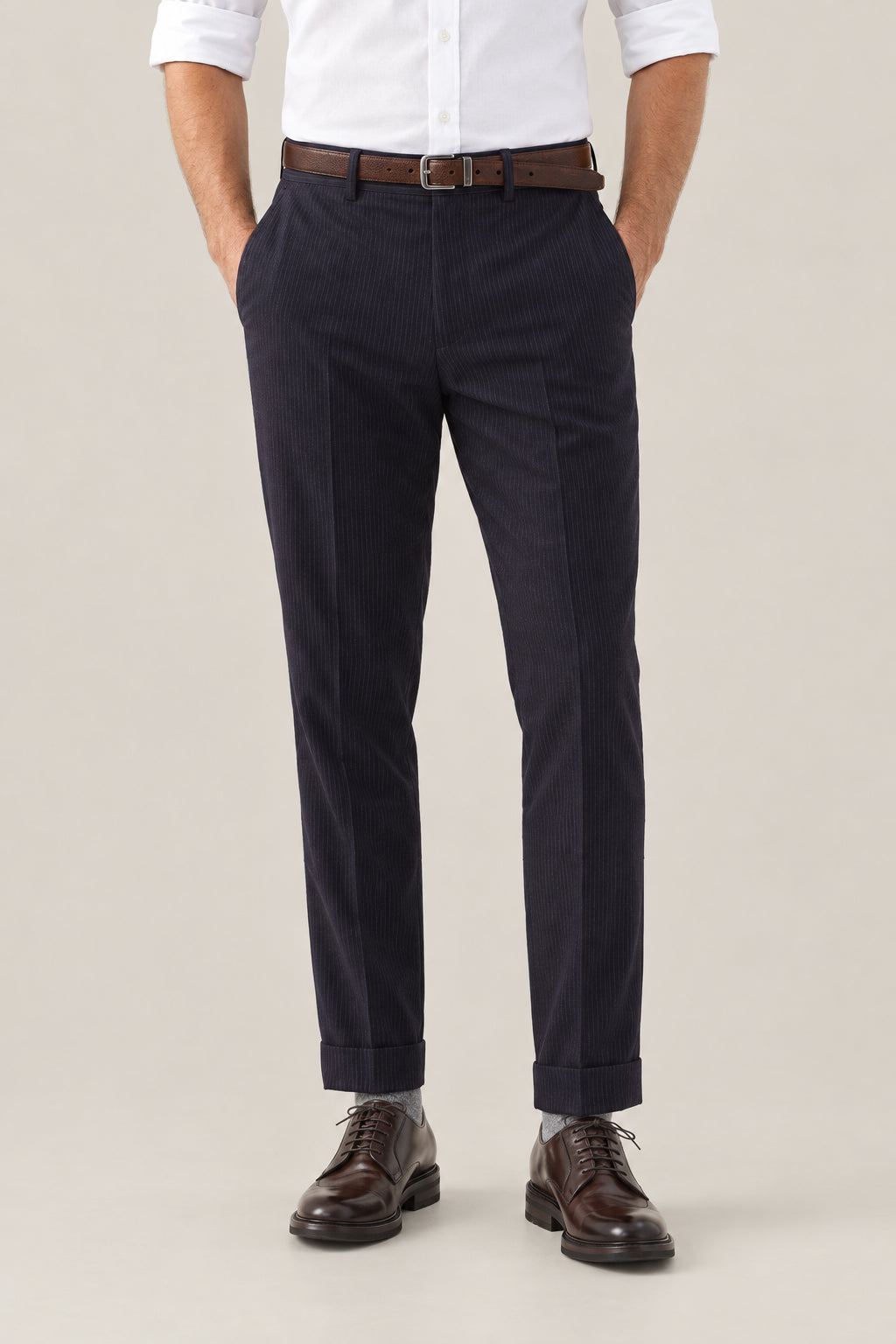 BRUNELLO CUCINELLI MEN'S NAVY WOOL PINSTRIPE TROUSERS