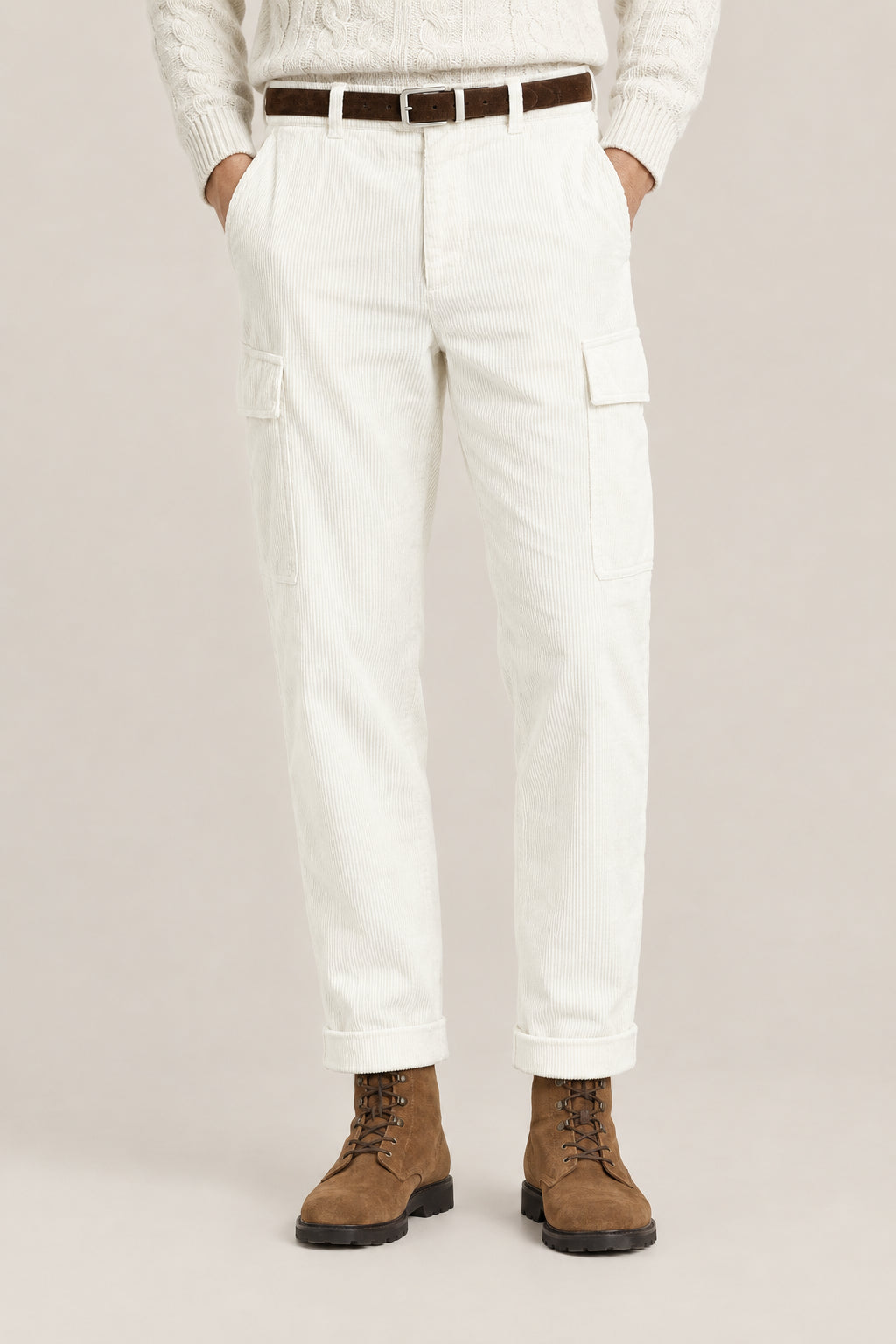 BRUNELLO CUCINELLI MEN'S OFF WHITE COTTON CARGO TROUSERS
