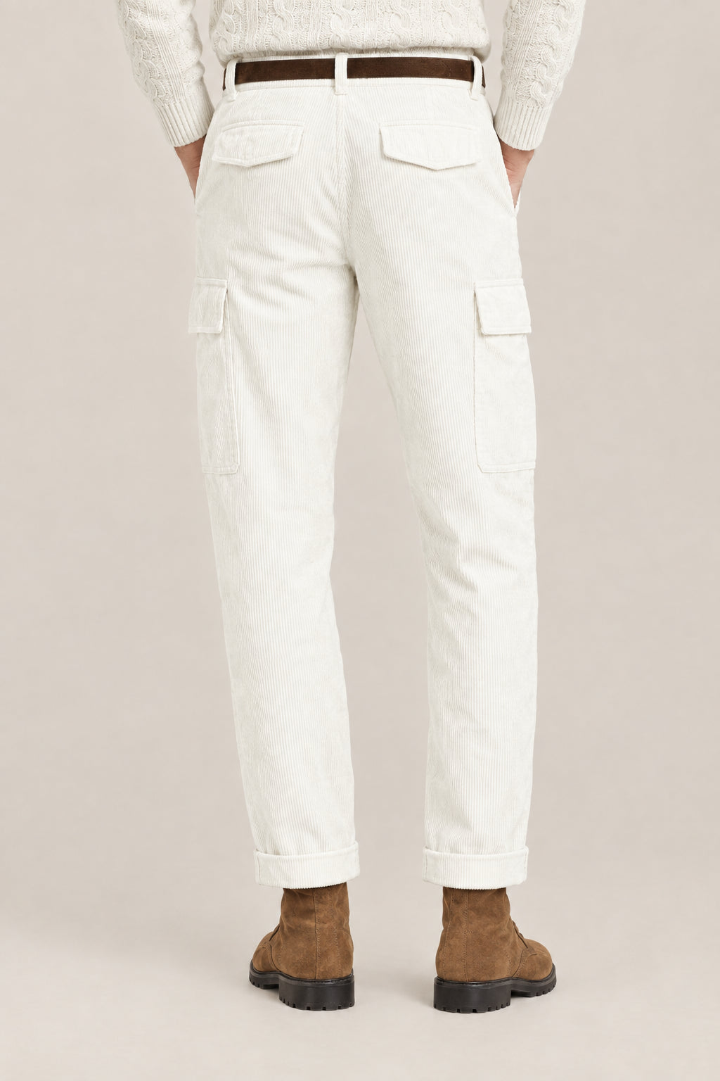 BRUNELLO CUCINELLI MEN'S OFF WHITE COTTON CARGO TROUSERS