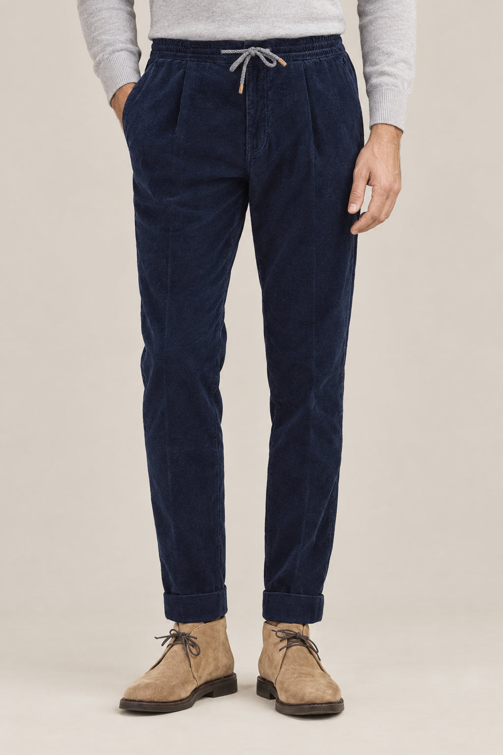 BRUNELLO CUCINELLI MEN'S NAVY COTTON DRAWSTRING TROUSERS