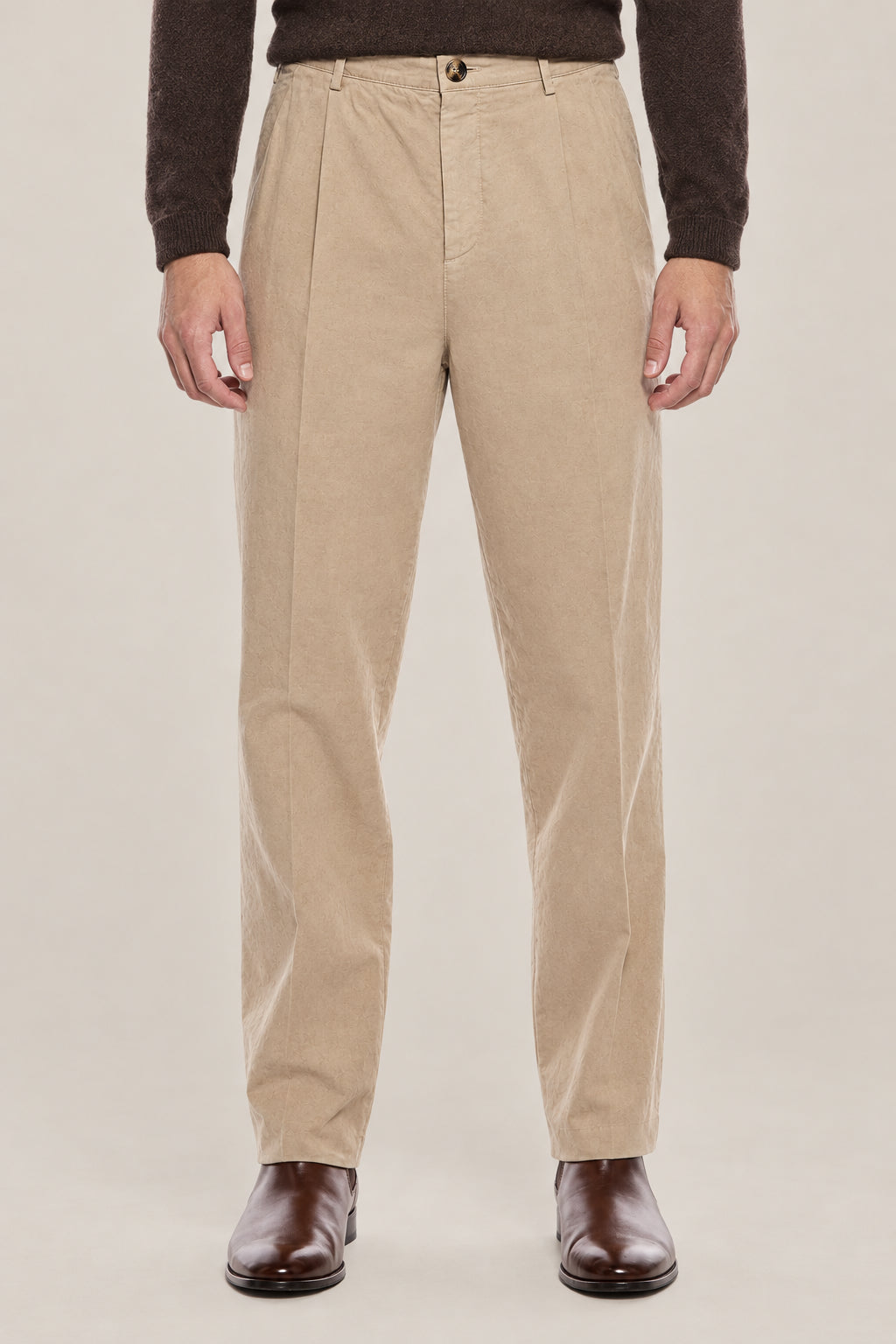 BRUNELLO CUCINELLI MEN'S CAMEL COTTON PLEATED TROUSERS