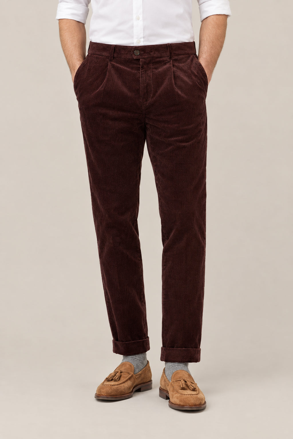 BRUNELLO CUCINELLI MEN'S PLUM COTTON CORDUROY TROUSERS