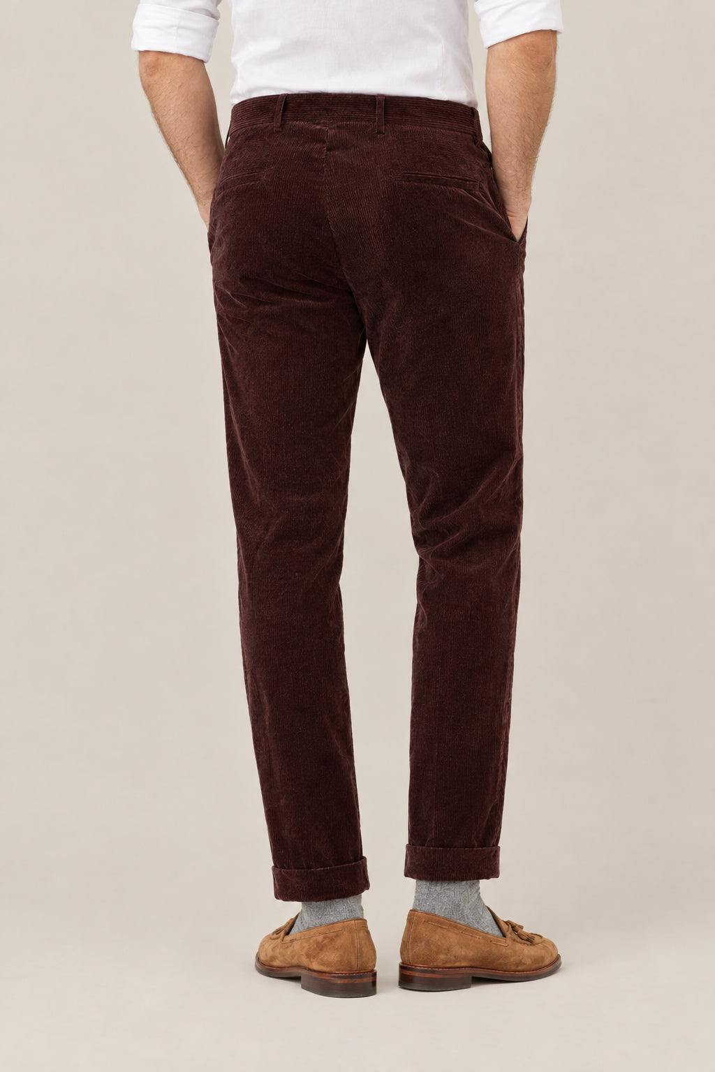 BRUNELLO CUCINELLI MEN'S PLUM COTTON CORDUROY TROUSERS