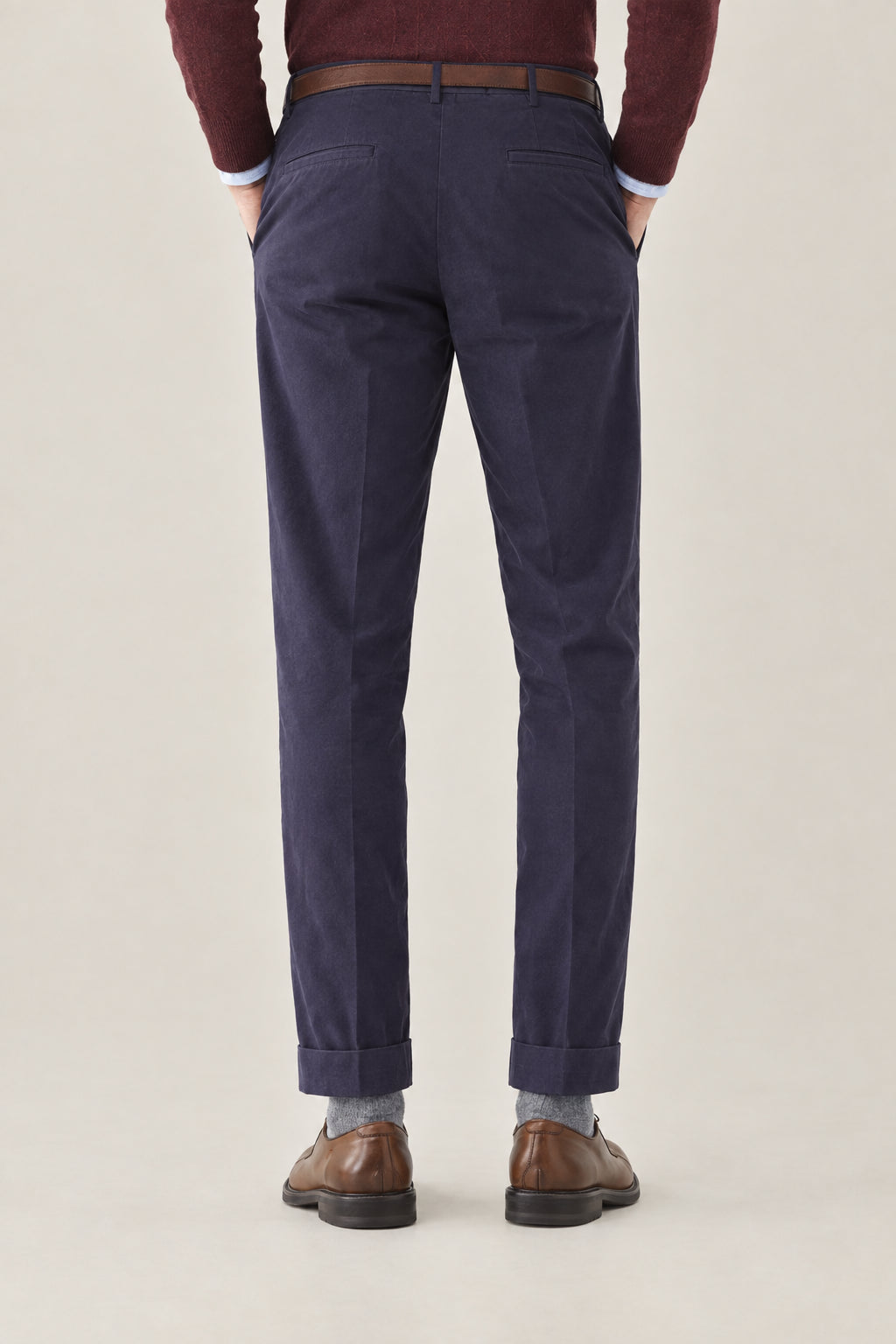 BRUNELLO CUCINELLI MEN'S NAVY COTTON WOOL BLEND TROUSERS