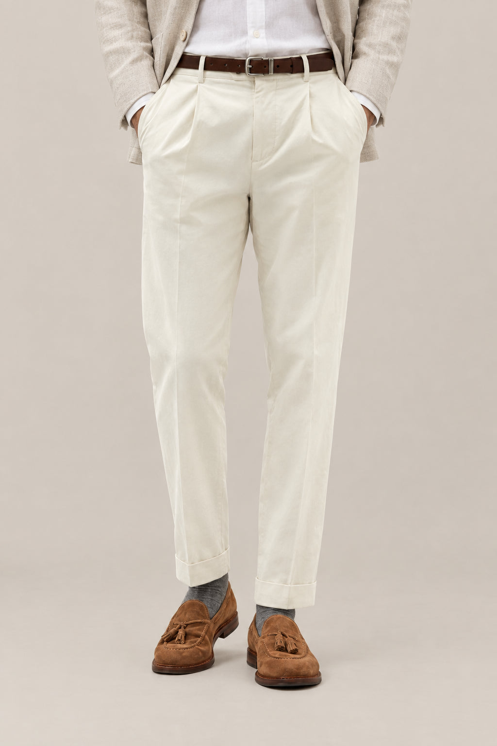 BRUNELLO CUCINELLI MEN'S OFF WHITE COTTON WOOL BLEND TROUSERS