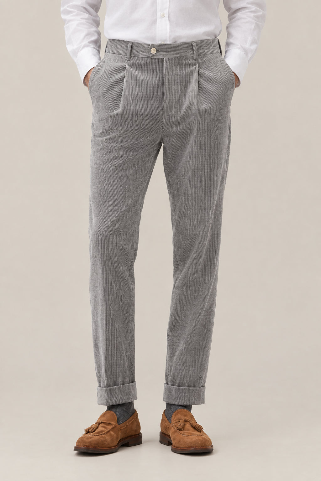 BRUNELLO CUCINELLI MEN'S GREY COTTON WOOL PLEATED TROUSERS