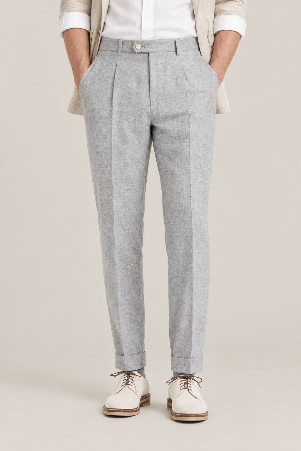 BRUNELLO CUCINELLI MEN'S PEARL GREY WOOL SILK PLEATED TROUSERS