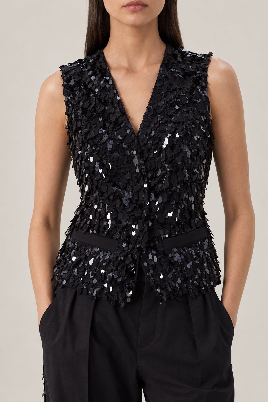 BRUNELLO CUCINELLI WOMEN'S BLACK SEQUIN EMBELLISHED WOOL VEST