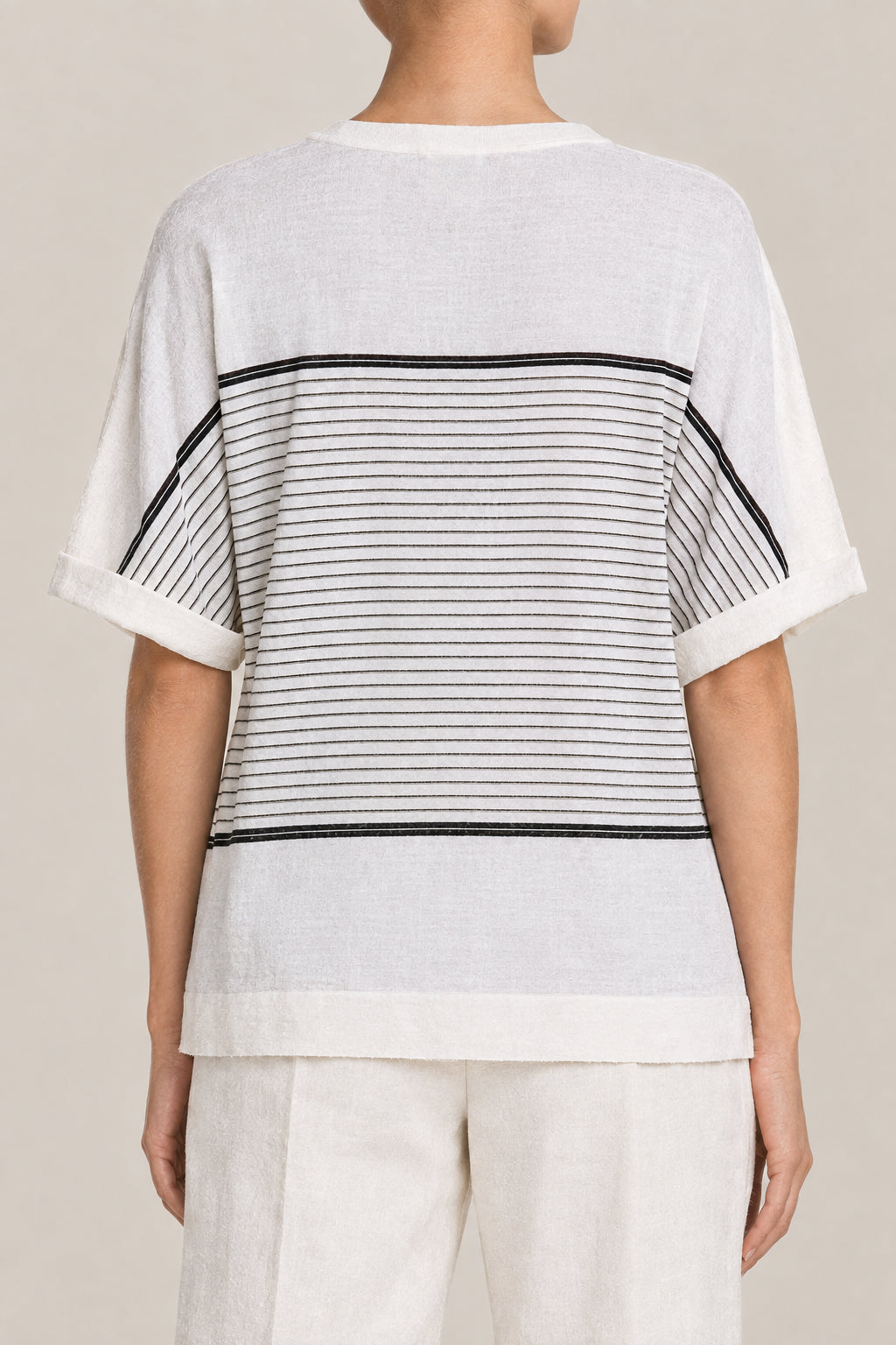 BRUNELLO CUCINELLI WOMEN'S WHITE BLACK STRIPED WOOL SILK SHORT SLEEVE SHIRT