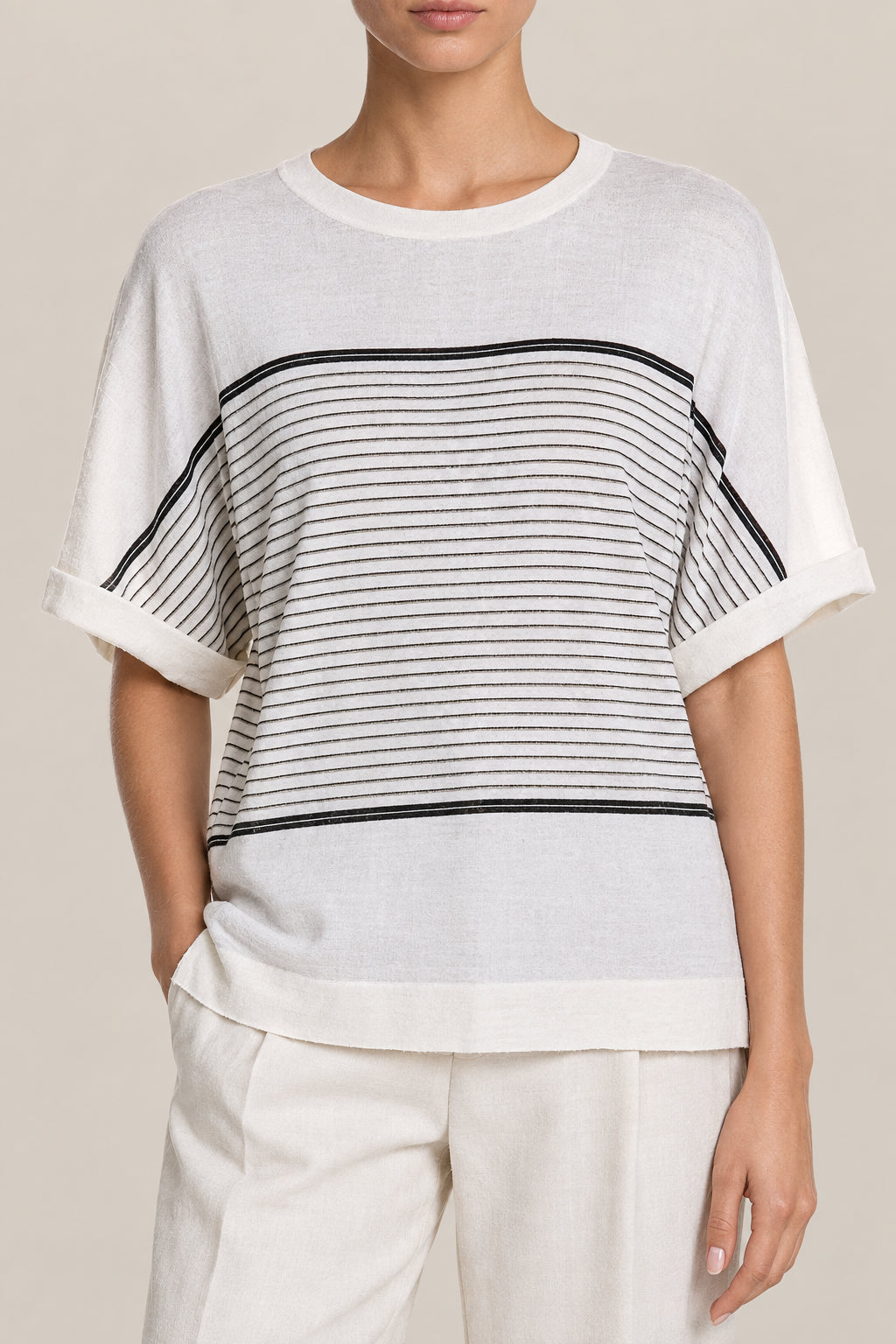 BRUNELLO CUCINELLI WOMEN'S WHITE BLACK STRIPED WOOL SILK SHORT SLEEVE SHIRT