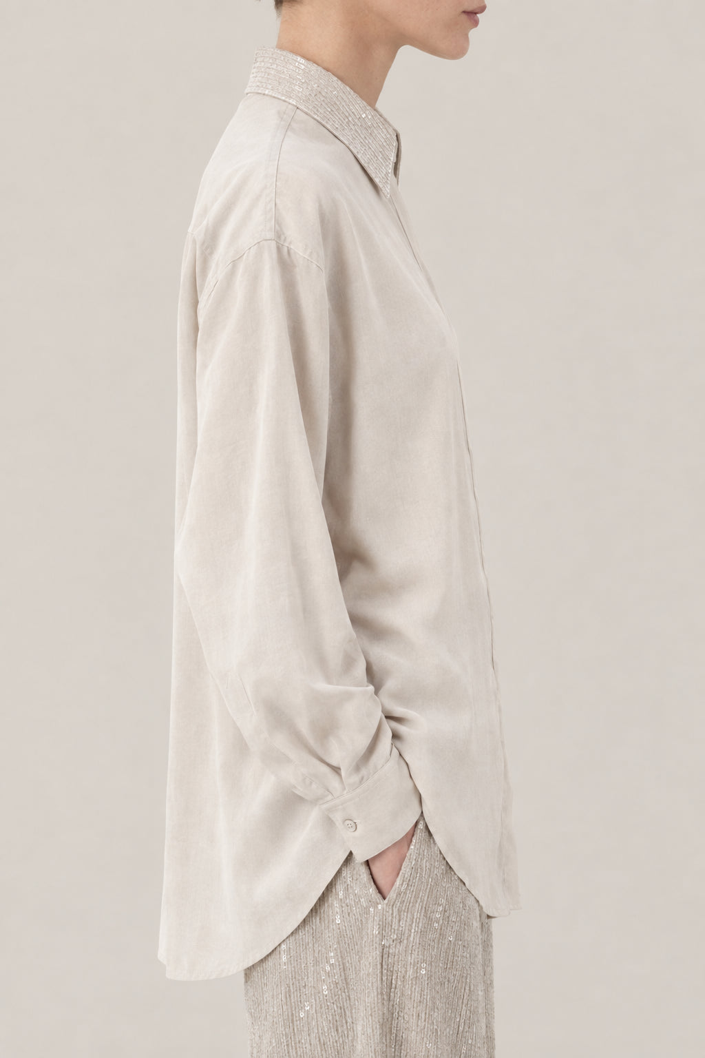 BRUNELLO CUCINELLI WOMEN'S SAND SILK RELAXED SHIRT