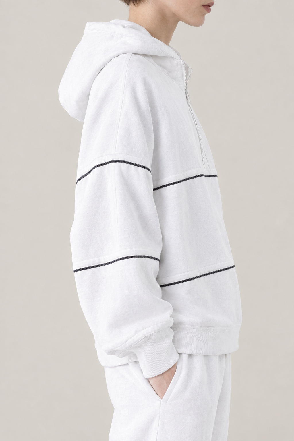 BRUNELLO CUCINELLI WOMEN'S OFF WHITE COTTON HALF ZIP HOODED SWEATER