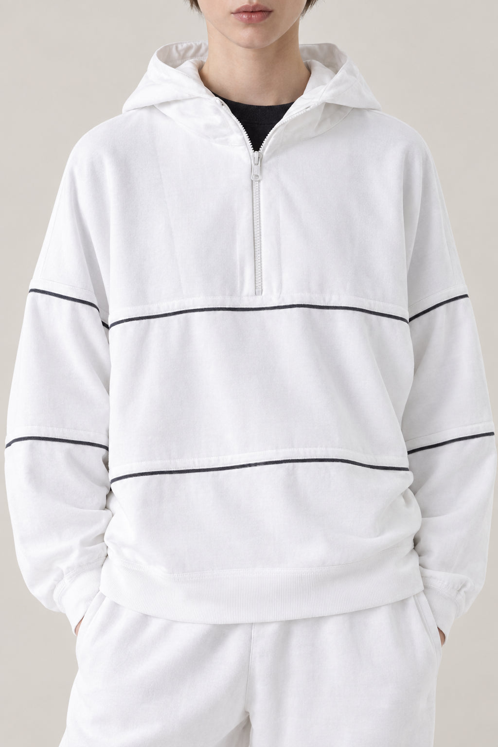 BRUNELLO CUCINELLI WOMEN'S OFF WHITE COTTON HALF ZIP HOODED SWEATER