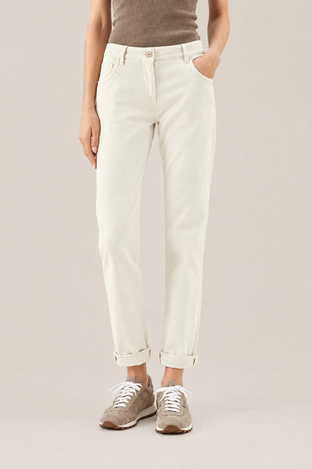 BRUNELLO CUCINELLI WOMEN'S NUDE COTTON STRETCH STRAIGHT LEG TROUSERS