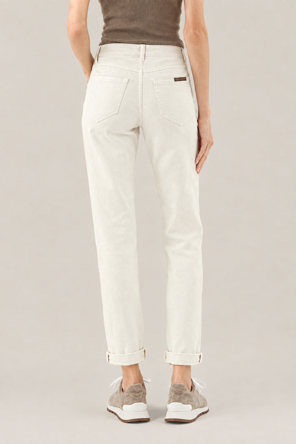 BRUNELLO CUCINELLI WOMEN'S NUDE COTTON STRETCH STRAIGHT LEG TROUSERS