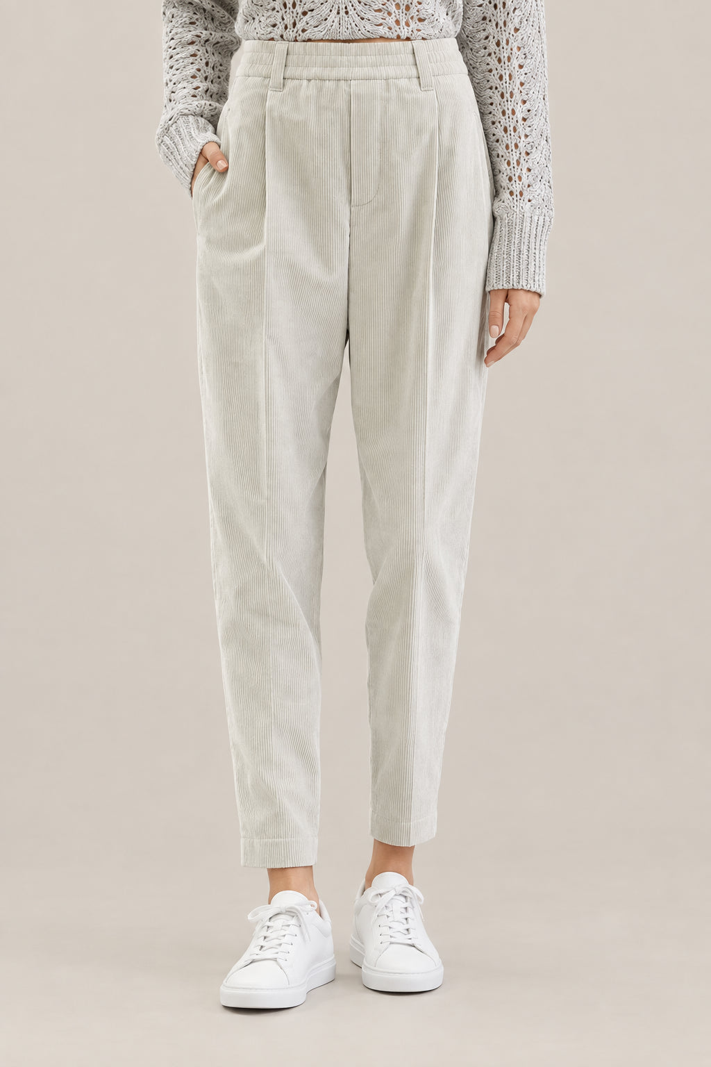 BRUNELLO CUCINELLI WOMEN'S WHITE TAPERED COTTON TROUSERS