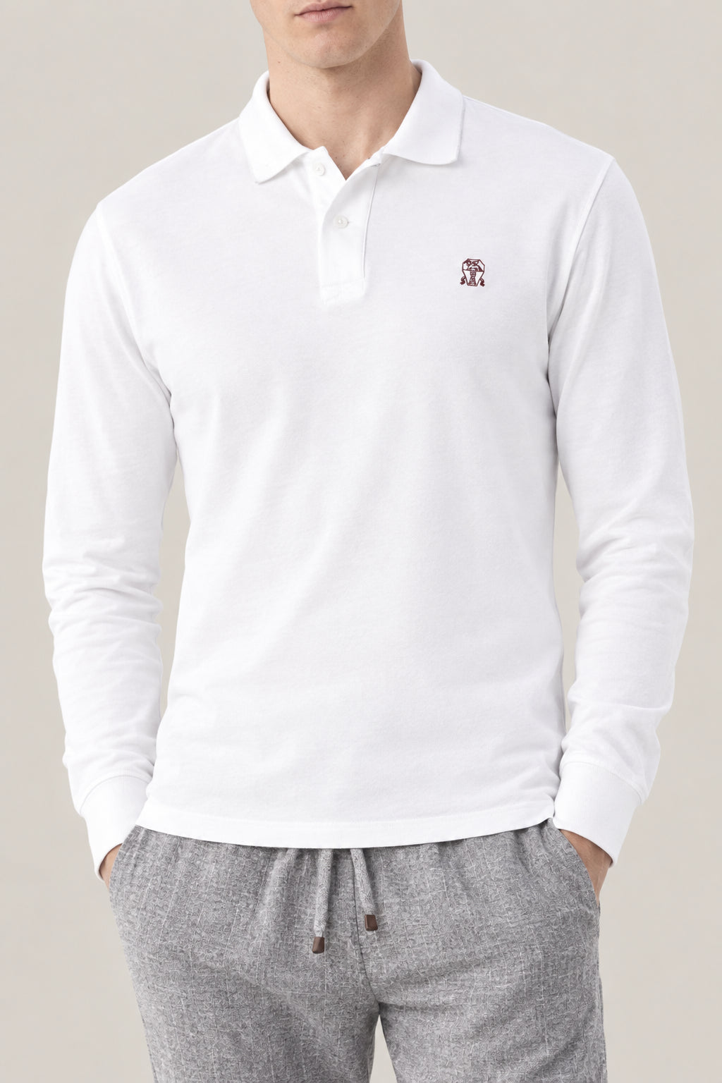 BRUNELLO CUCINELLI MEN'S WHITE LONG SLEEVE COTTON POLO SHIRT