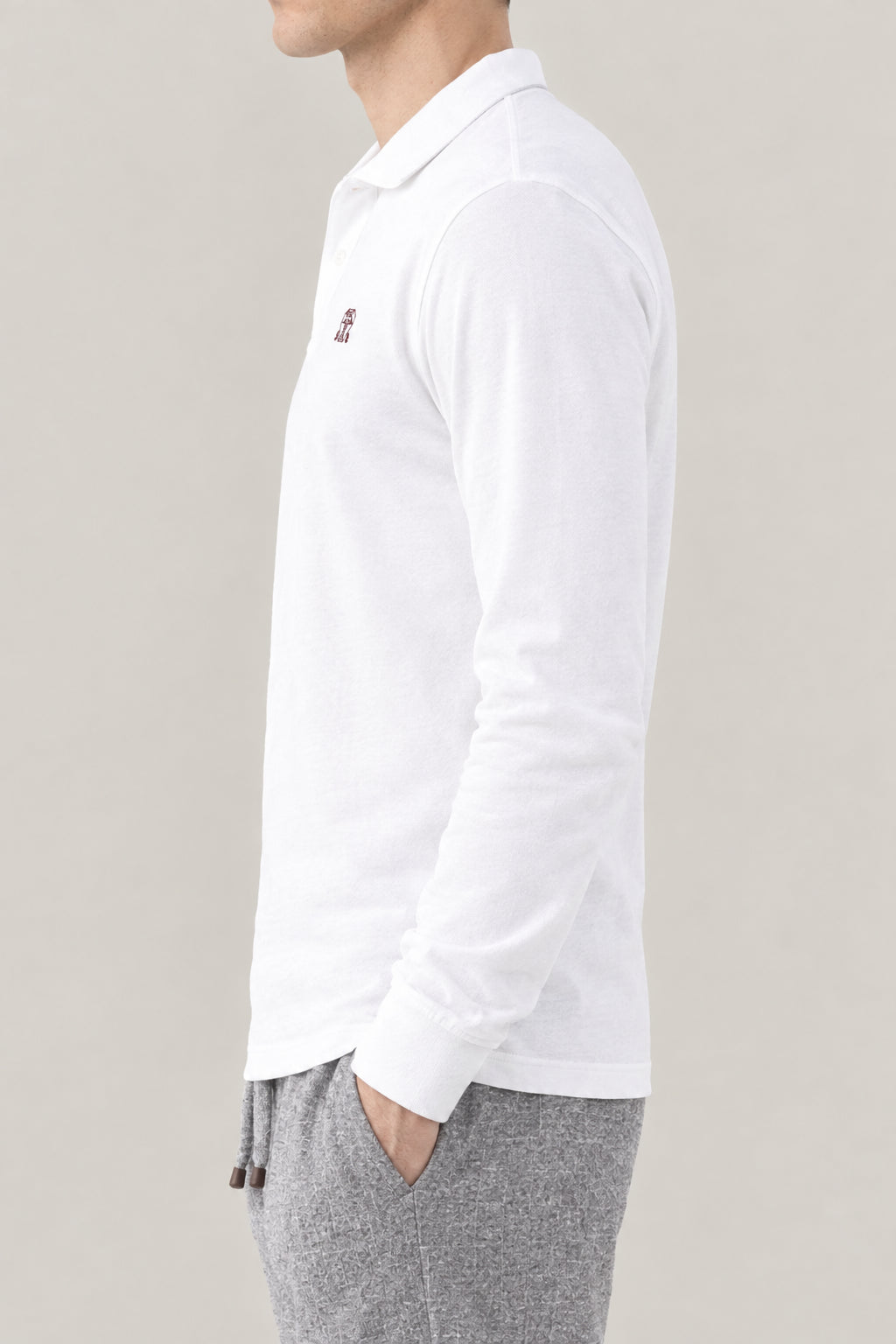 BRUNELLO CUCINELLI MEN'S WHITE LONG SLEEVE COTTON POLO SHIRT