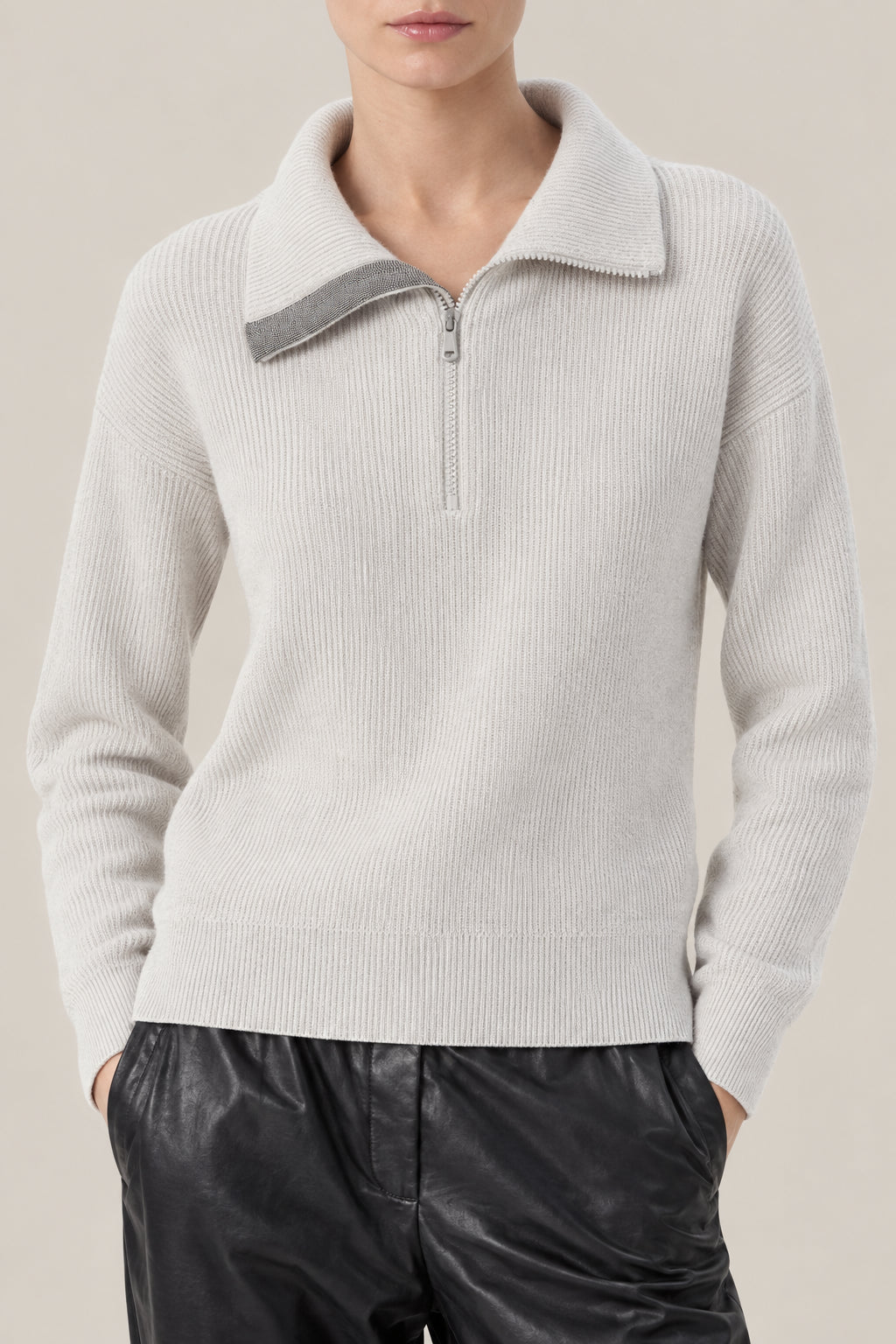 BRUNELLO CUCINELLI WOMEN'S ICE WHITE WOOL HALF ZIP SWEATER